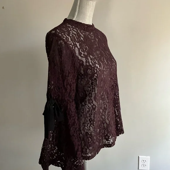 Loft Long Sleeved Burgundy Lace & Ribbons Top Size Small - Picture 2 of 8